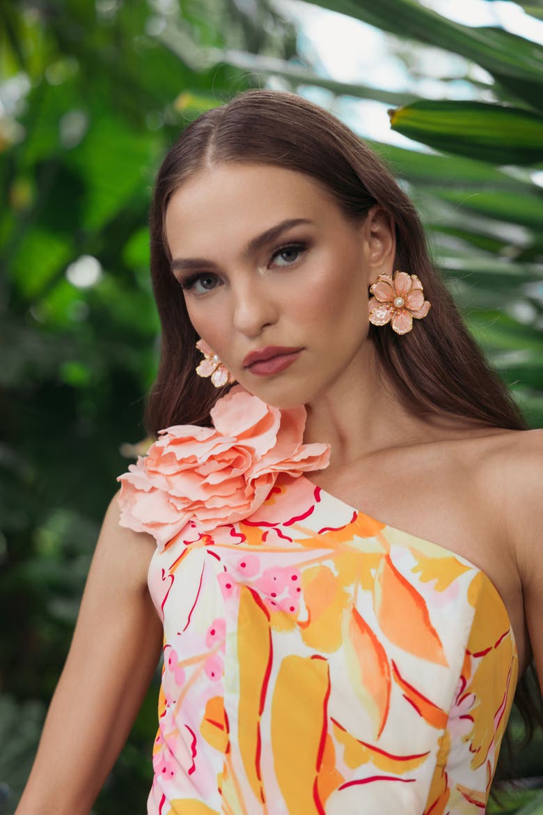 Floral One Shoulder Bubble Hem Faille Mini Dress, Alternate, color, Sunshine Multi