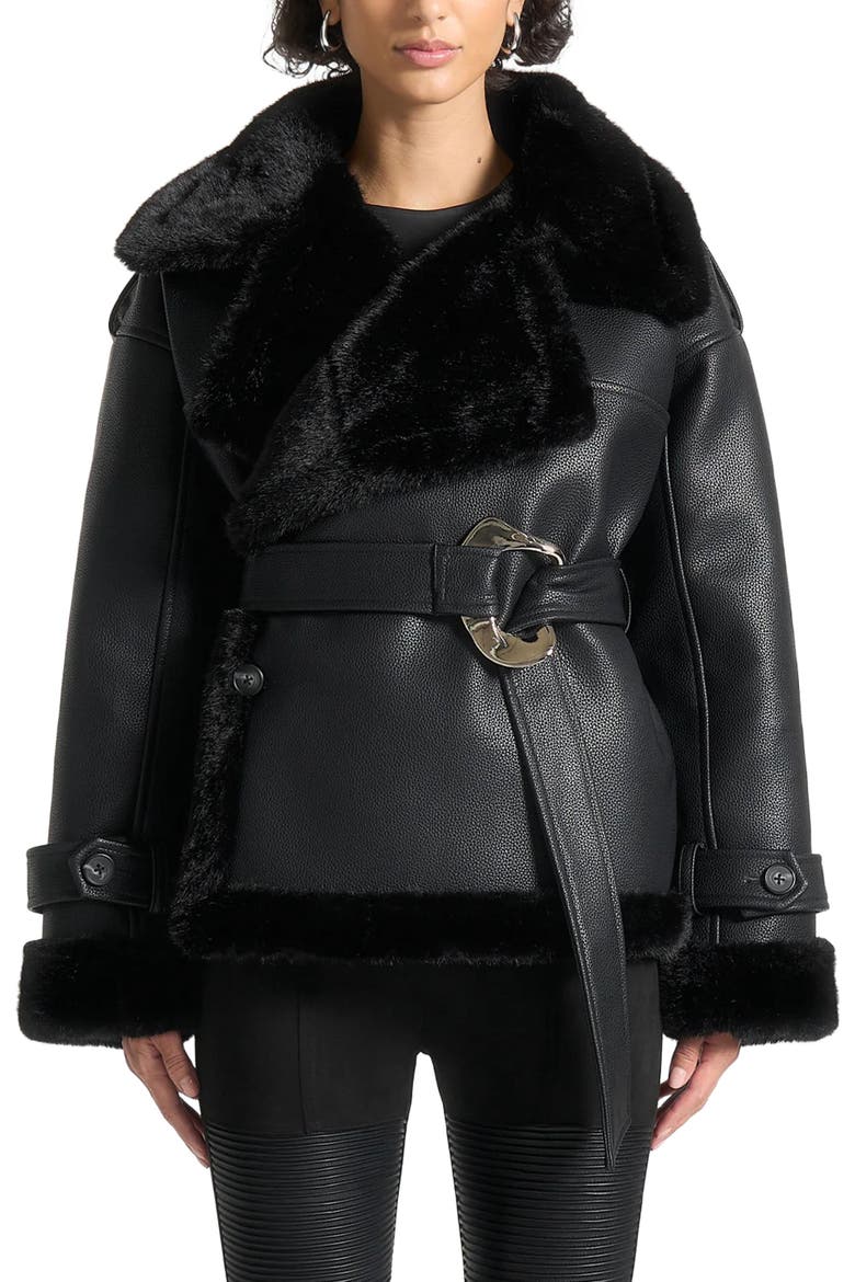 Charlene Leather and Plush Wrap Belted Jacket, Alternate, color, Black