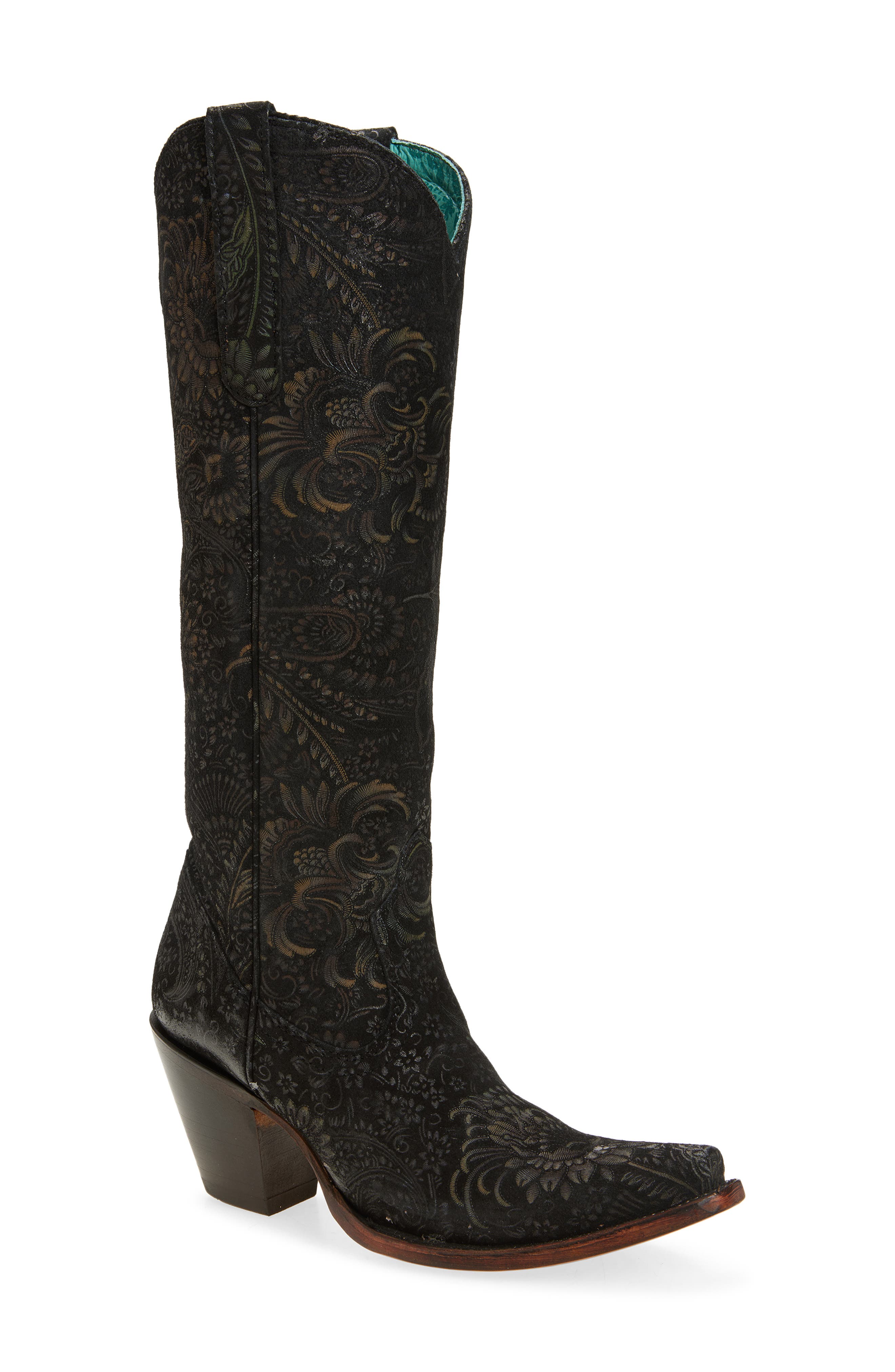 CORRAL Floral Knee High Western Boot, Main, color, Black/ Gold