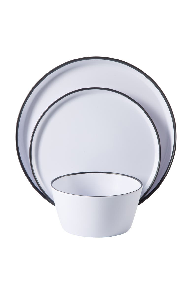 Gibson Home Folsom Shores 12 Piece Melamine Dinnerware Set  w/ Black Rim, Alternate, color, White