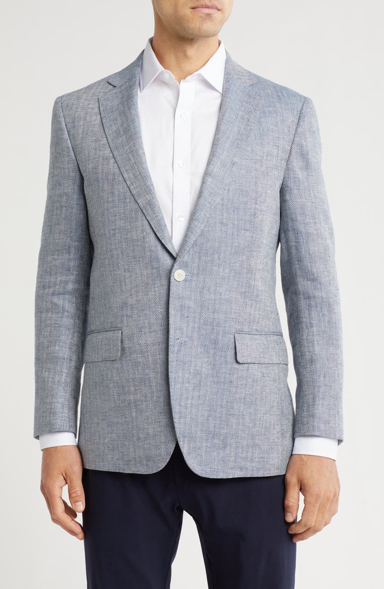Brooks Brothers Classic Fit Blue Herringbone Linen Blazer, Main, color,