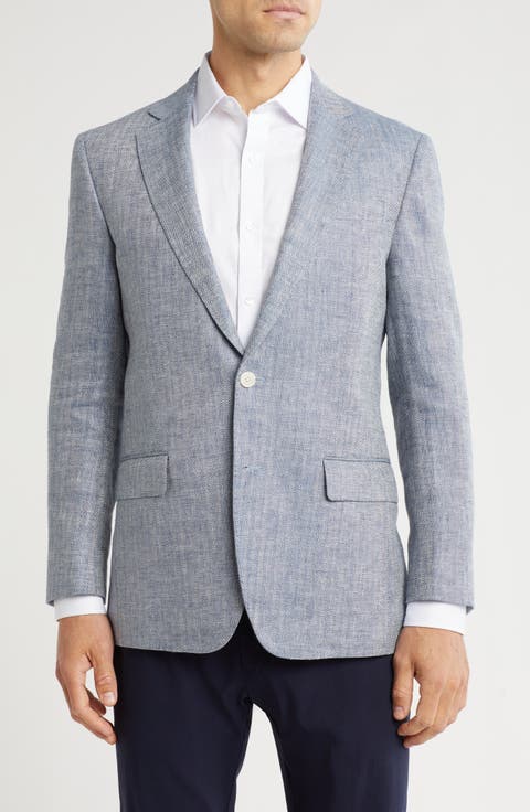 Classic Fit Blue Herringbone Linen Blazer (Short, Regular & Long)