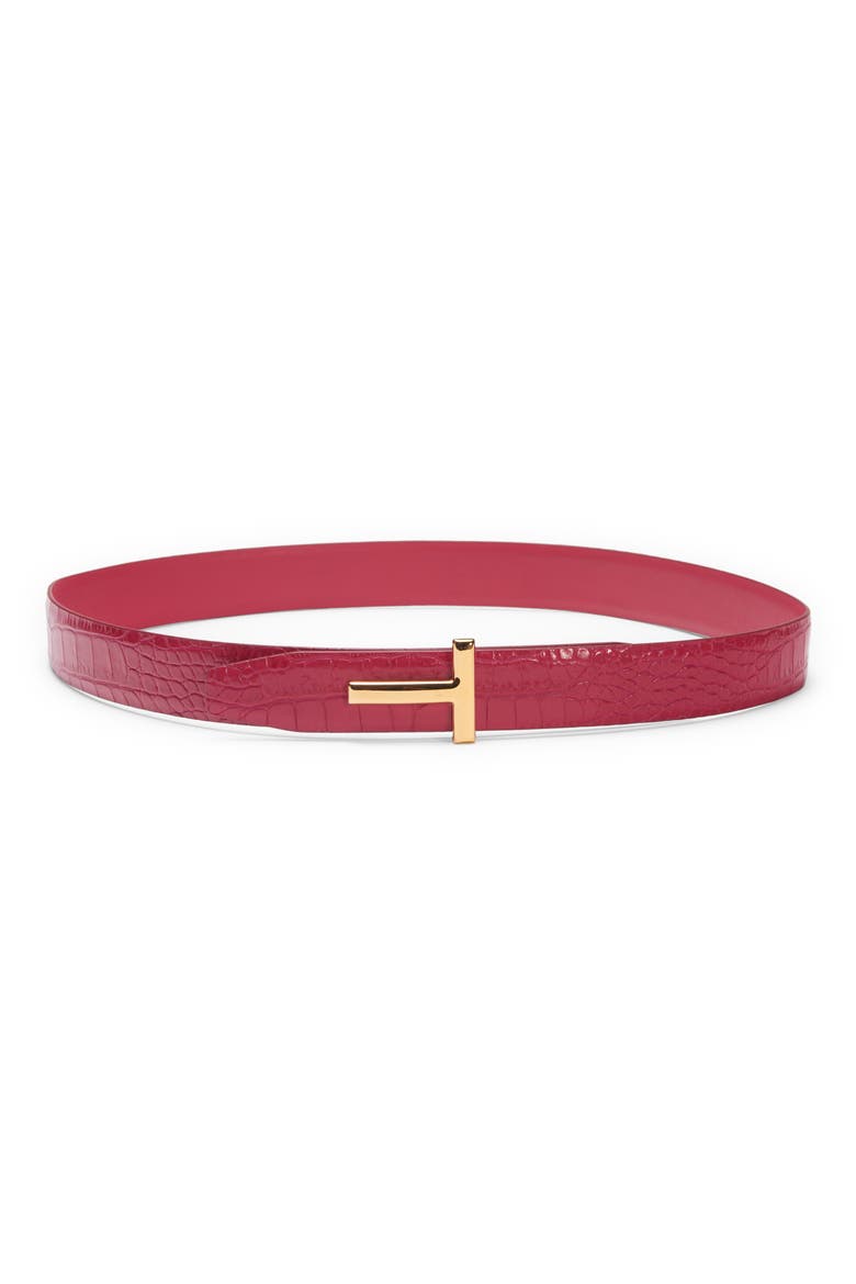 T Icon Reversible Croc Embossed Patent Leather Belt, Main, color, ROSE RED