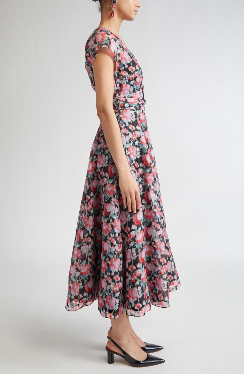 Carolina Herrera Peony Print Cap Sleeve Silk Organza Midi Dress, Alternate, color, Pink Multi