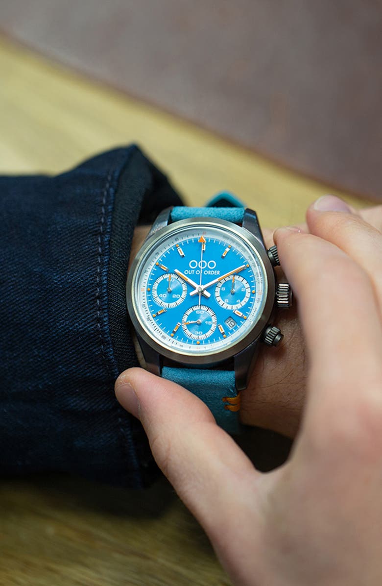 OUT OF ORDER Sporty Cronografo Chronograph Leather Band Watch, 40mm, Alternate, color, Light Blue