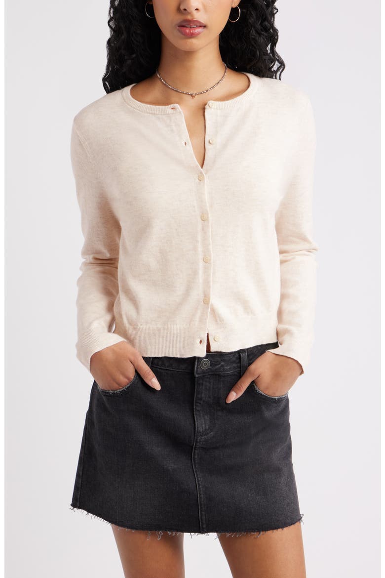 Crewneck Cotton Blend Cardigan, Main, color, BEIGE LIGHT OATMEAL HEATHER