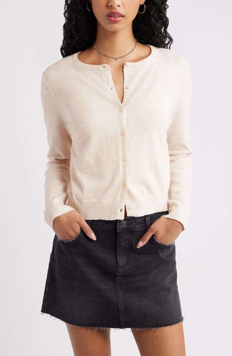 BP. Crewneck Cotton Blend Cardigan, Main, color, Beige Light Oatmeal Heather