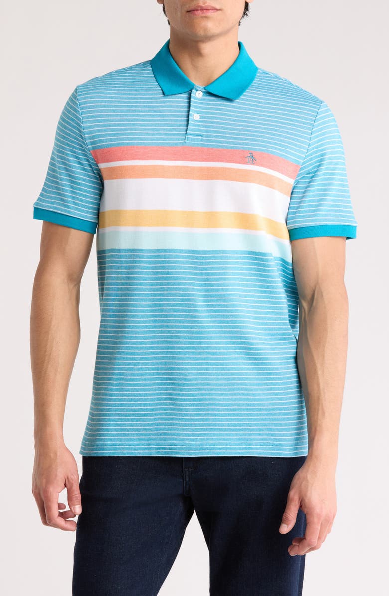 Original Penguin Chest Stripe Birdseye Piqué Polo, Main, color, Mosaic Blue