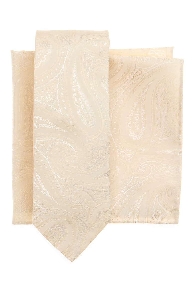 Ivory Paisley Jacquard Tie & Pocket Square Set, Main, color, OPEN WHT