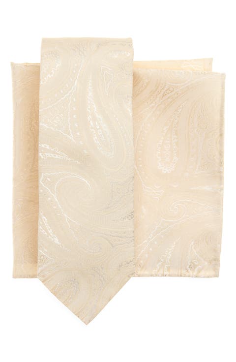 Ivory Paisley Jacquard Tie & Pocket Square Set