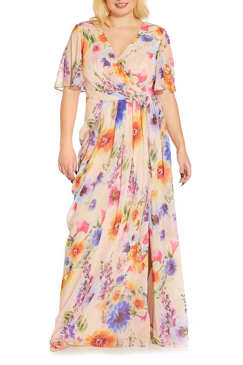 Floral Print Chiffon Gown, Alternate, color, PRALINE MULTI
