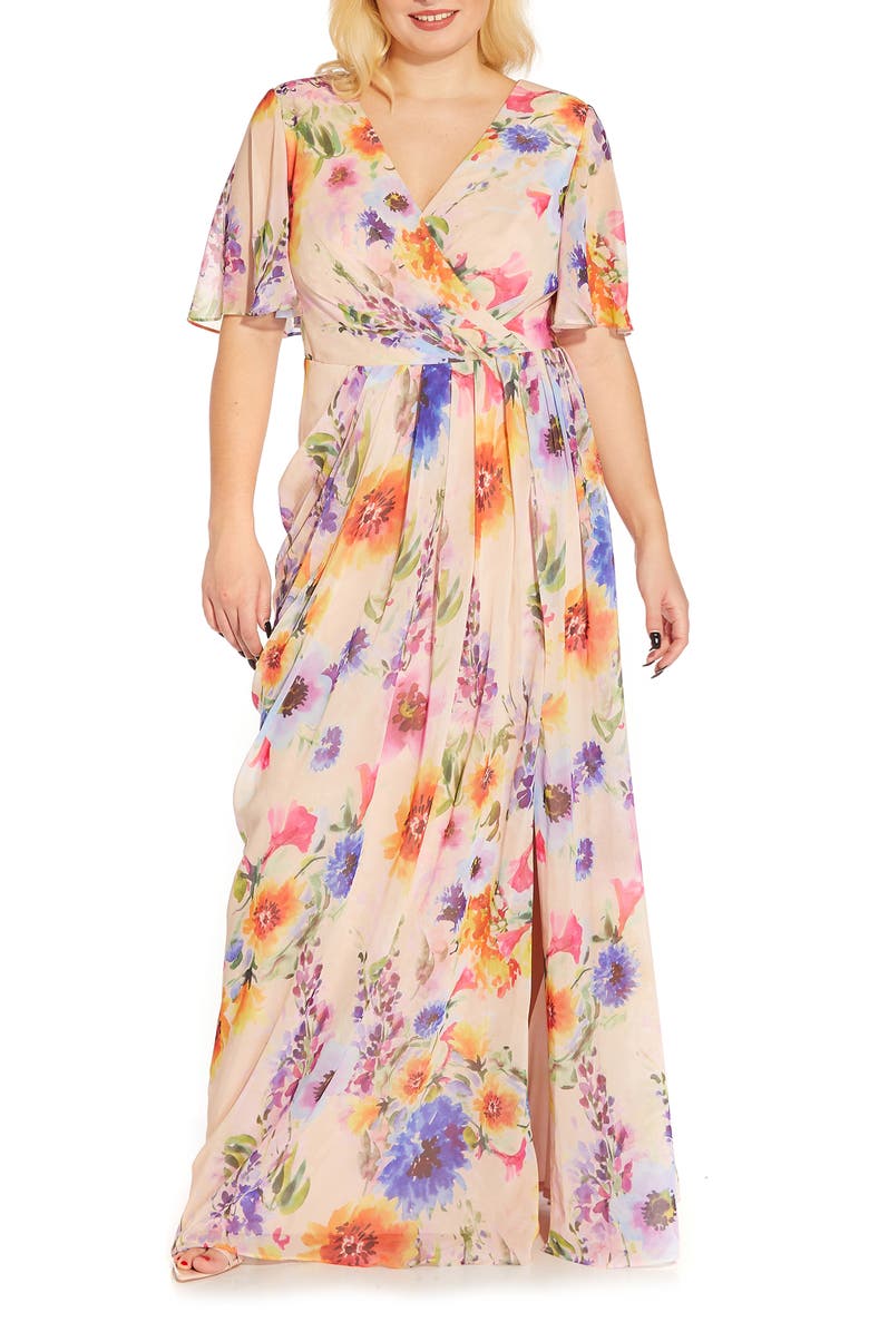 Adrianna Papell Floral Print Chiffon Gown, Alternate, color,