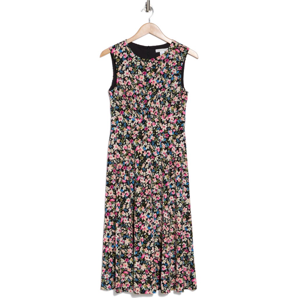 London Times Floral Sleeveless Inset Waist Jersey Midi Dress In Black Multi