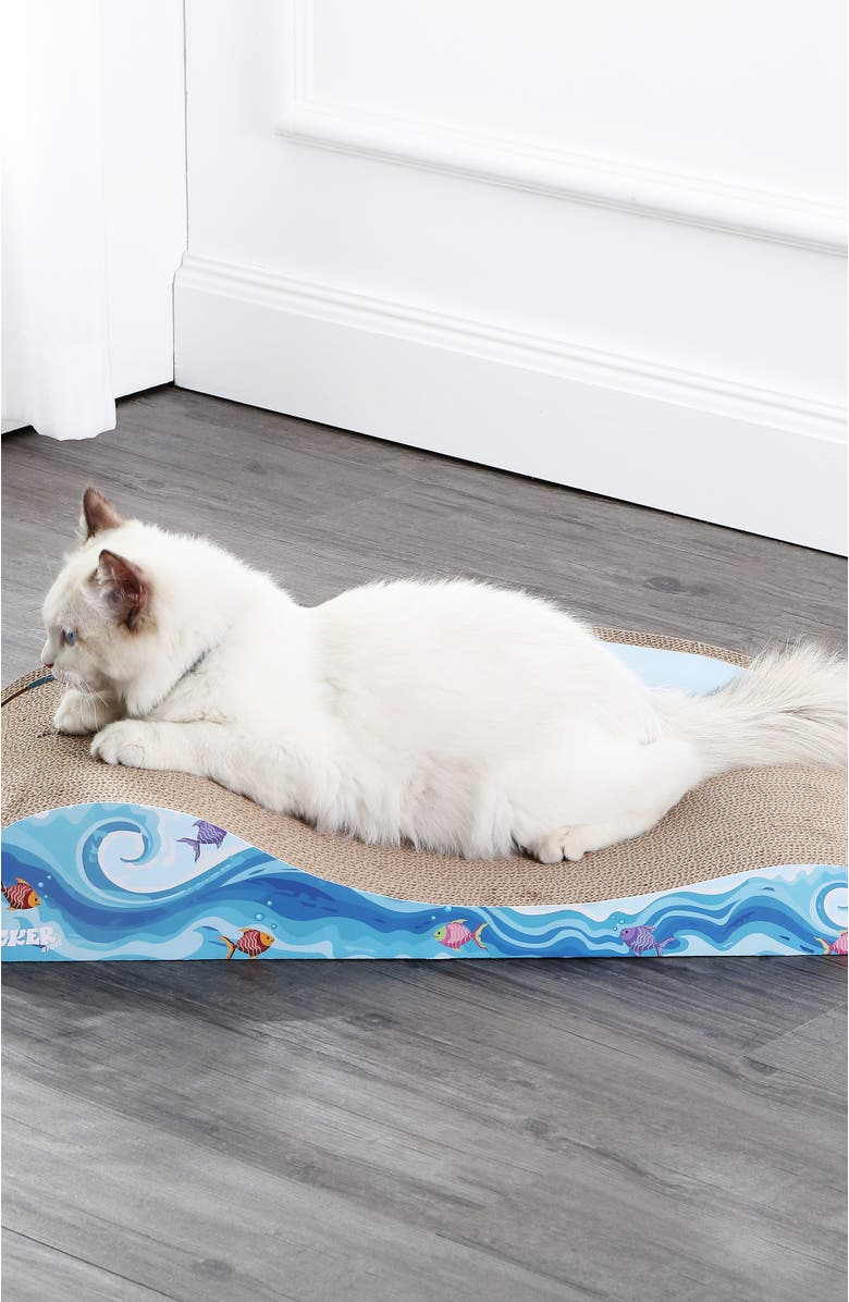 The Licker Store Kokomo 23.75" Coastal Cardboard Lounge Bed Cat Scratcher with Catnip, Alternate, color, Blue/Orange