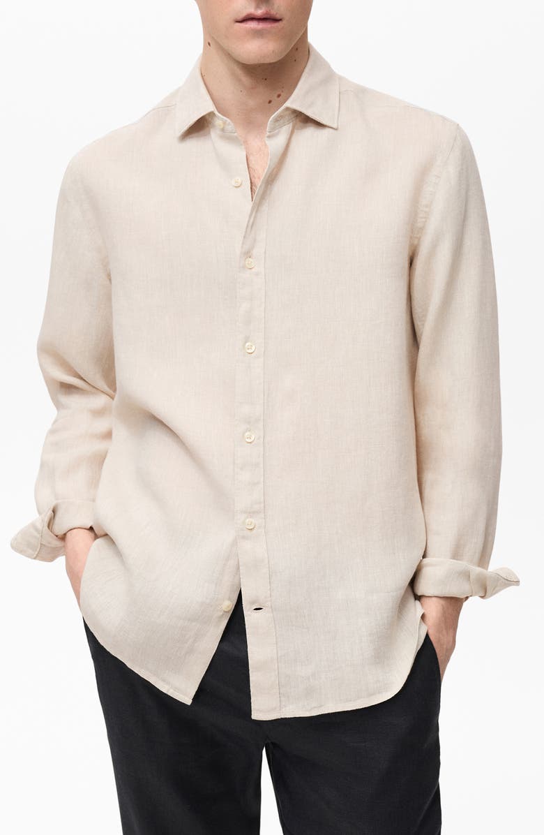 MANGO Regular Fit Linen Button-Up Shirt, Main, color, Sand