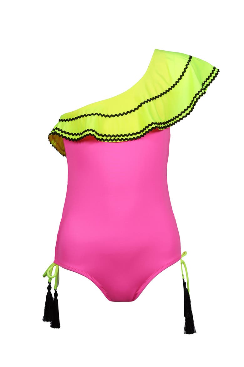 Kids' One Shoulder Ric-Rac Trim Ruffle One-Piece Swimsuit, Main, color, Pink