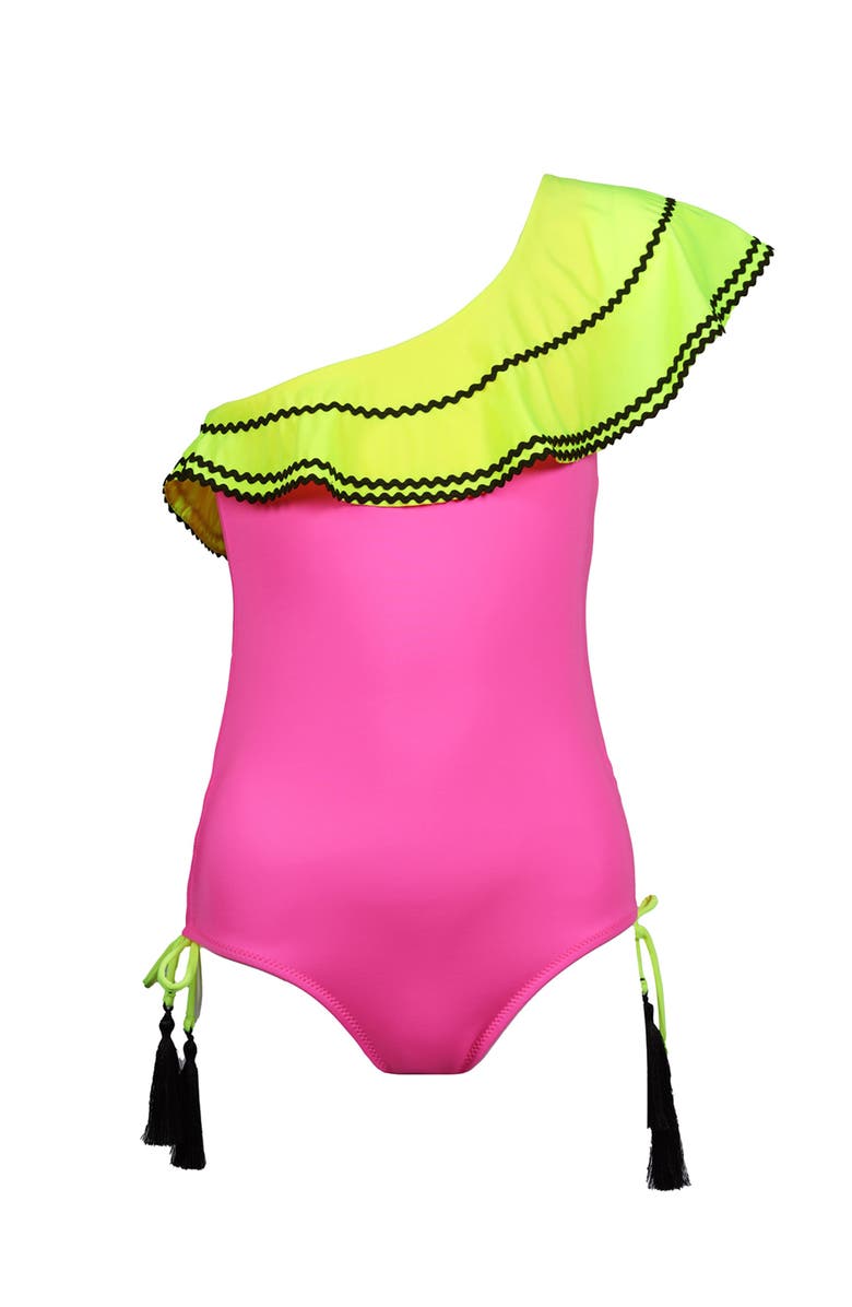NESSI BYRD Kids' One Shoulder Ric-Rac Trim Ruffle One-Piece Swimsuit, Main, color, Pink