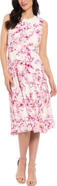 London Times Floral Sleeveless Inset Waist Eyelet Midi Dress