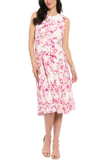 London Times Floral Sleeveless Inset Waist Eyelet Midi Dress in Ivory/Raspberry at Nordstrom Rack, Size 8