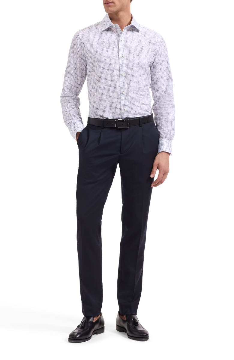 Bugatchi Axel Shaped Fit Crosshatch Print Cotton Button-Up Shirt, Alternate, color, Navy