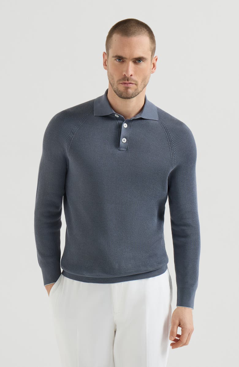 Brunello Cucinelli English Rib knit polo, Alternate, color, Lignite Grey