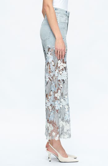 High Waist Crystal Embellished Lace Leg Jeans
