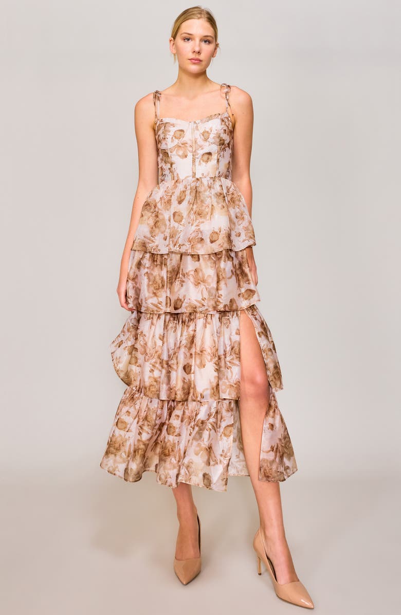 MELLODAY Floral Tiered Corset Cocktail Dress, Alternate, color, Taupe Print