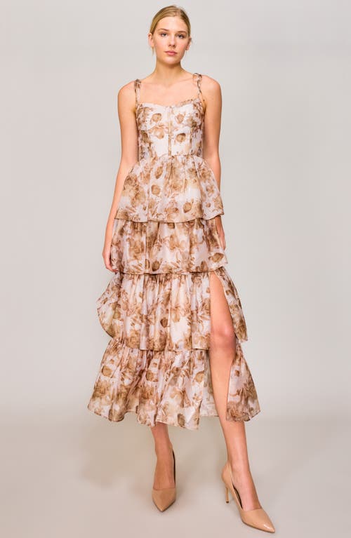Melloday Floral Tiered Corset Cocktail Dress In Taupe Print