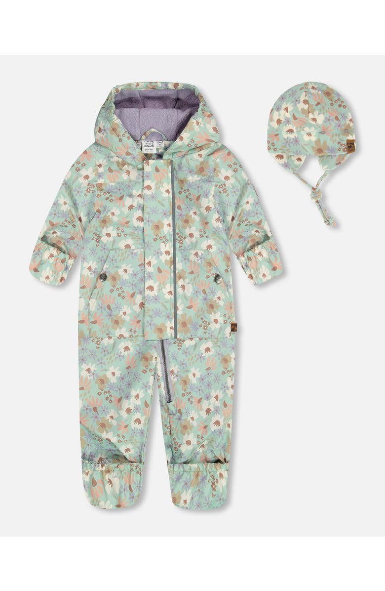 Deux par Deux Baby Girl's Baby Printed Mid-Season One-Piece Outerwear With Hat Small White Flowers On Turquoise And Lilac, Main, color, White Flowers On Turquoise