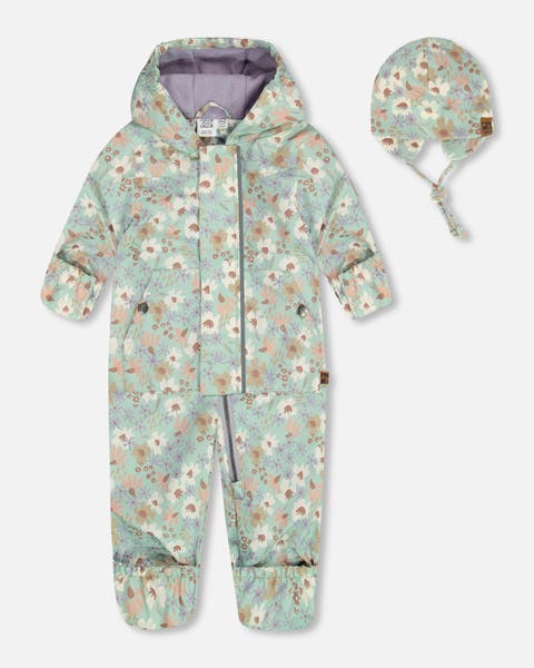 Baby Girl's Baby Printed Mid-Season One-Piece Outerwear With Hat Small White Flowers On Turquoise And Lilac
