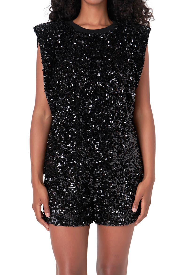 Sequin Padded Shoulder Velvet Top, Alternate, color, BLACK