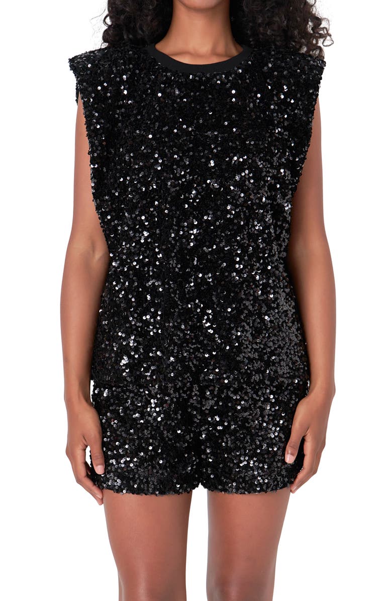 Endless Rose Sequin Padded Shoulder Velvet Top, Alternate, color, Black