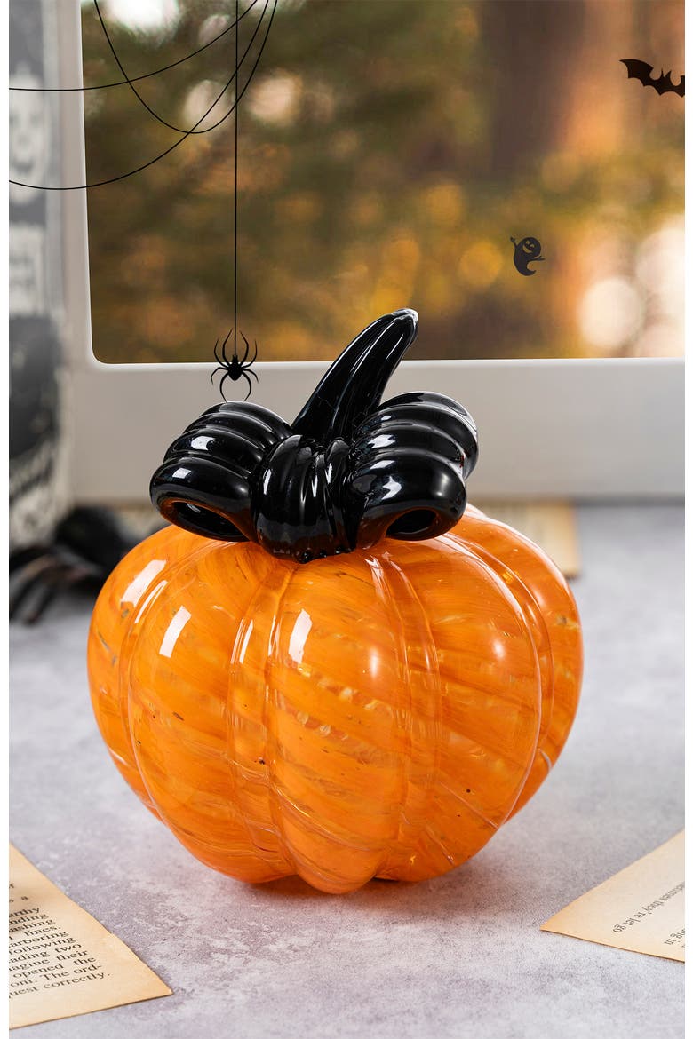 Halloween Striped Glass Pumpkin with Bow, Alternate, color, Orange