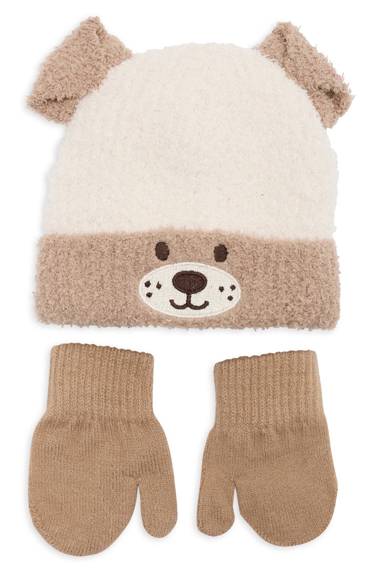 Puppy Beanie & Mittens Set, Main, color, IVORY COMBO