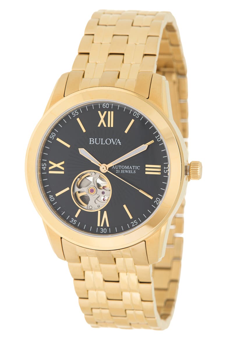 Men's Automatic Open Heart Window Black Dial Gold Tone Watch, 42mm (Men ...