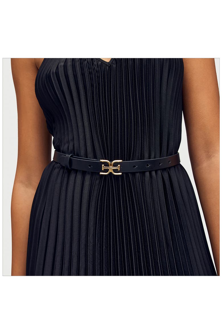 Double E Logo Slim Leather Belt, Alternate, color, BLACK