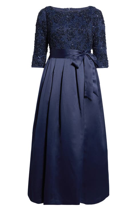 Sequin Floral Lace Gown with Satin Skirt