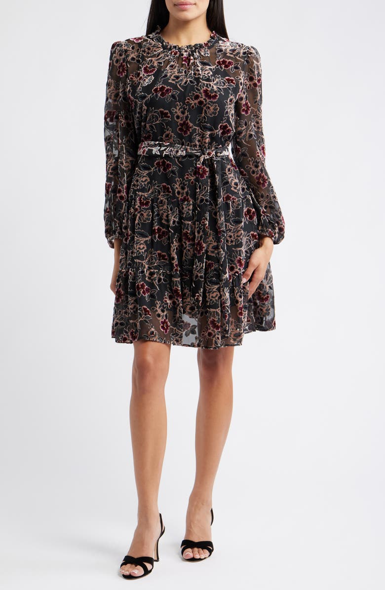 Julia Jordan Burnout Velvet Floral Long Sleeve Fit & Flare Dress, Main, color, Black Multi
