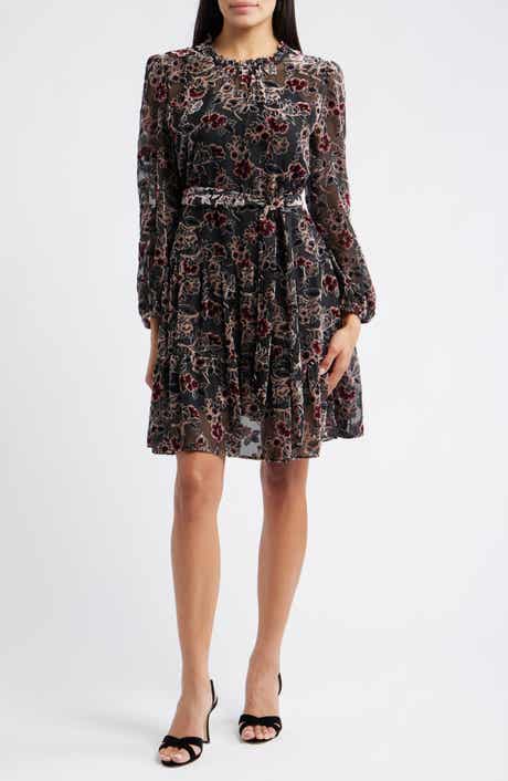 Julia Jordan Burnout Velvet Floral Long Sleeve Fit & Flare Dress