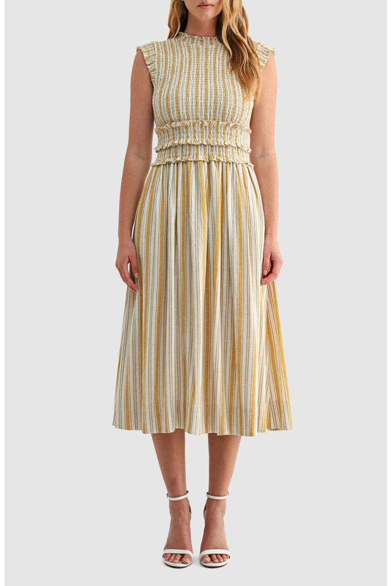 Smocked Tie Back Sleeveless Midi Dress, Main, color, MUSTARD STRIPE