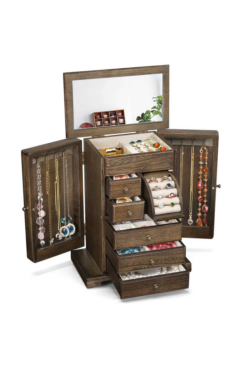 Vintage Wooden Tabletop Jewelry Armoire, Alternate, color, Light Taupe