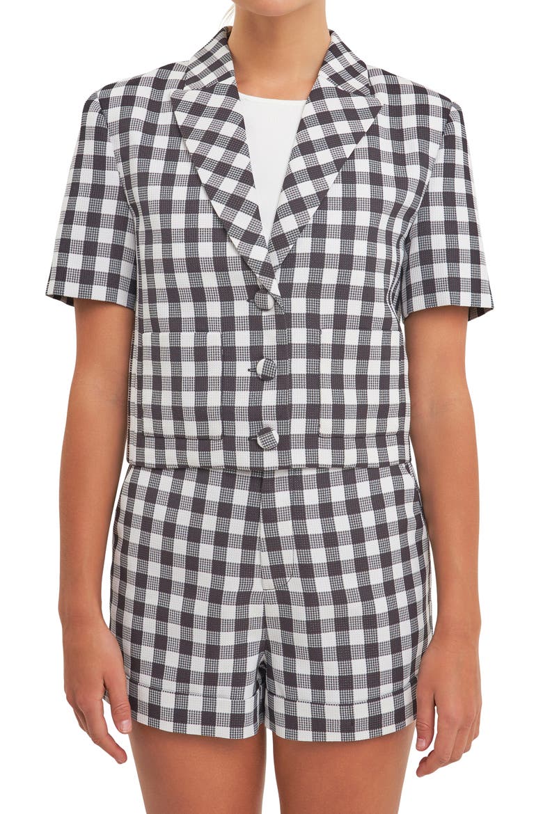 Short Sleeve Gingham Blazer, Alternate, color, BLACK