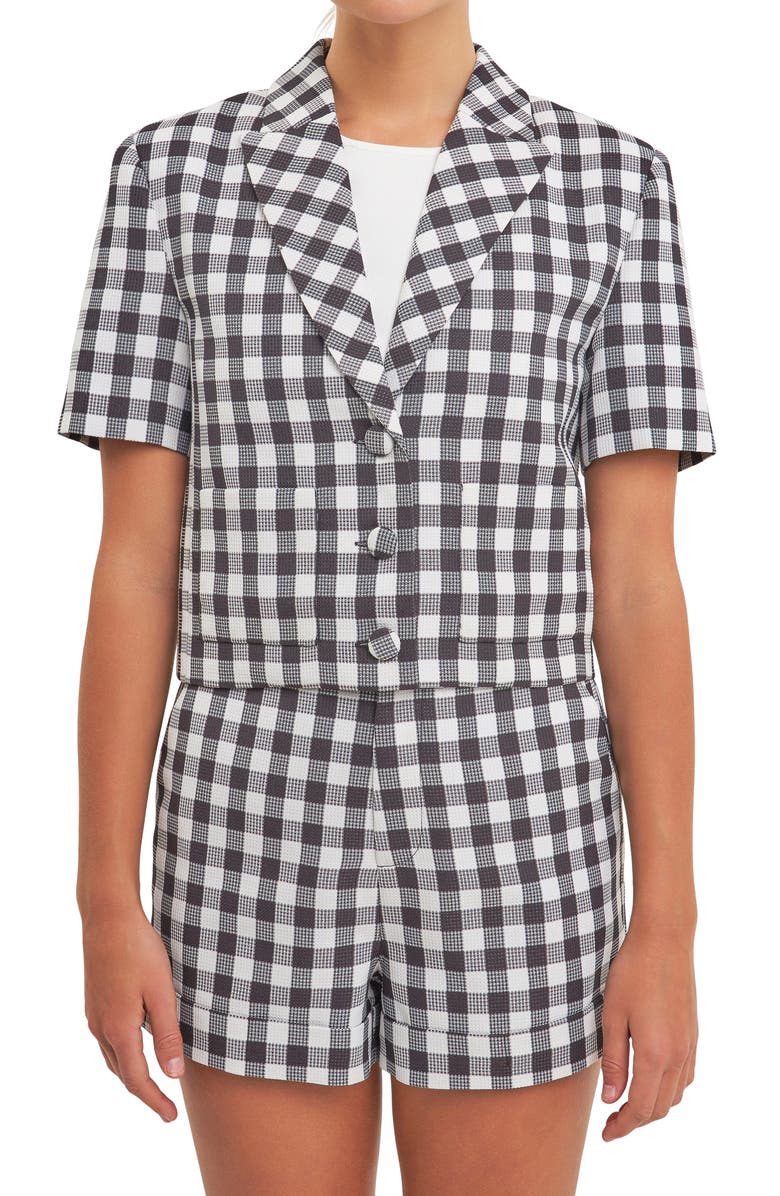 English Factory Short Sleeve Gingham Blazer, Alternate, color, Black