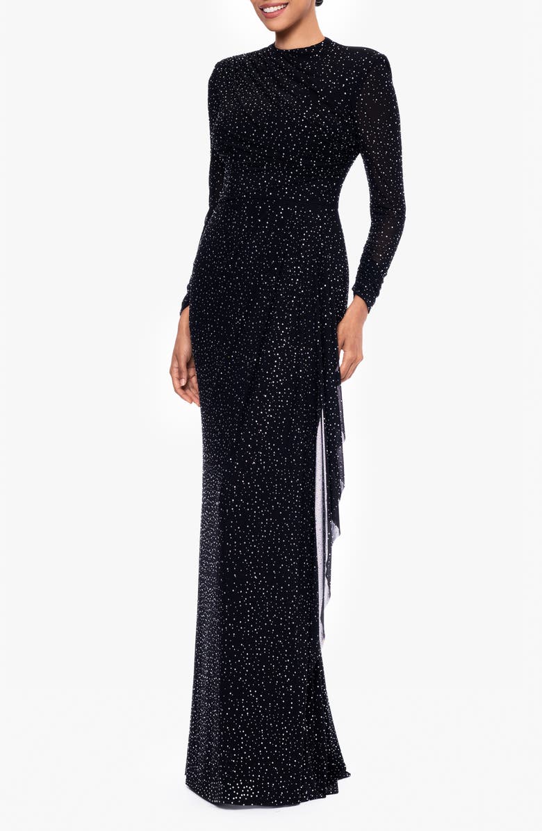 Betsy & Adam Rhinestone Long Sleeve Stretch Gown, Alternate, color, Black/Silver