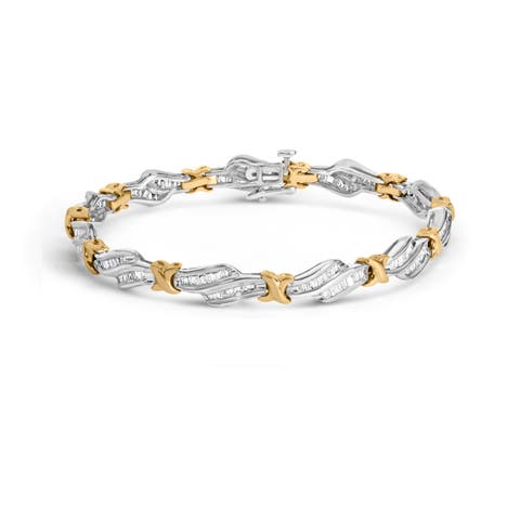 10k Two-Toned Gold 2.00 Cttw Diamond Weave and "X" Spiral Link Bracelet