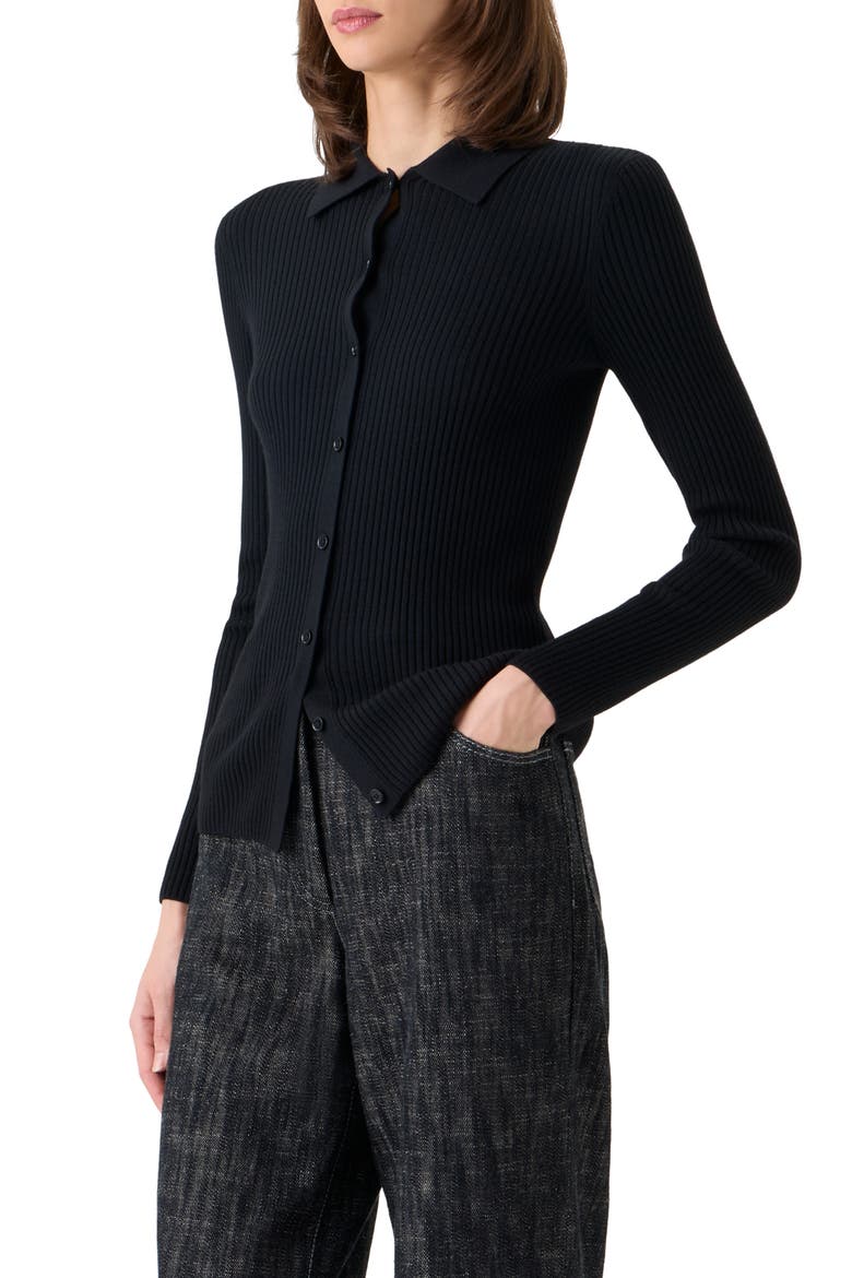 Fitted Merino Wool Rib Cardigan, Alternate, color, BLACK