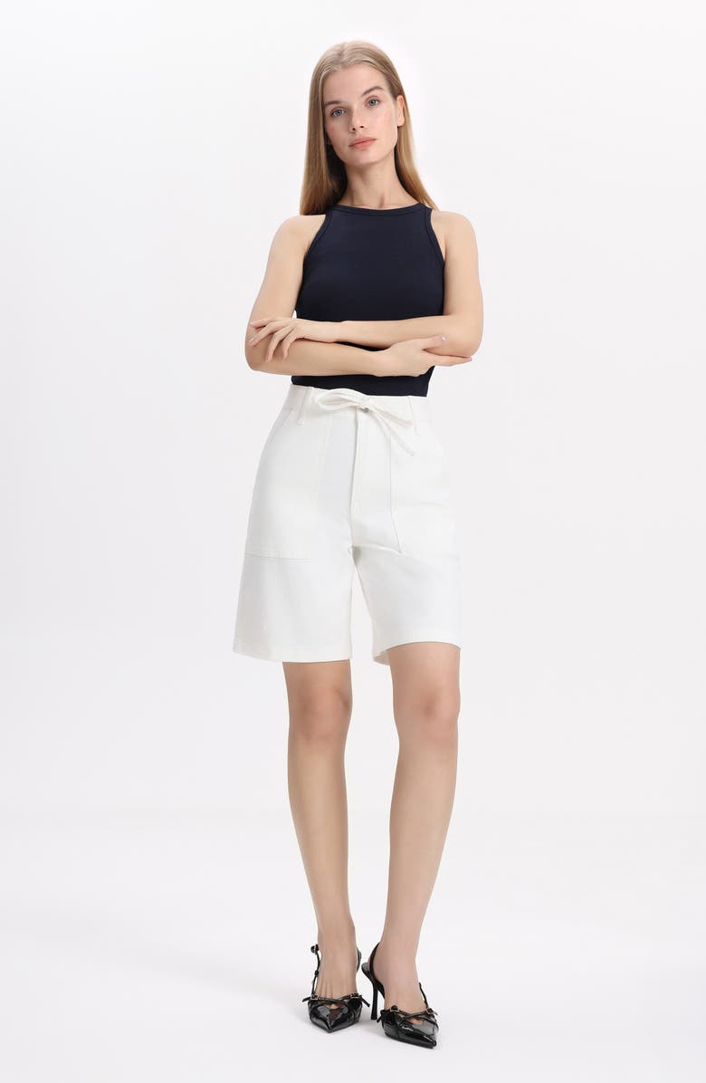 Bayeas Drawstring High Waist Denim Bermuda Shorts, Alternate, color, White