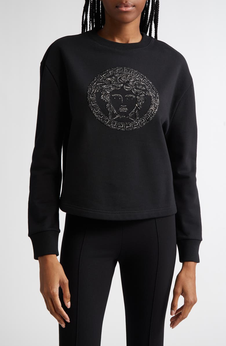 Versace Crystal Embellished Medusa Sweatshirt, Main, color, 