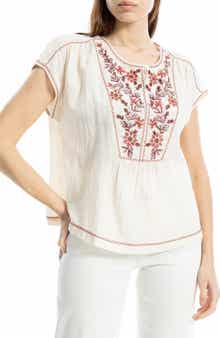 MAX STUDIO Embroidered Short Sleeve Cotton Blend Top