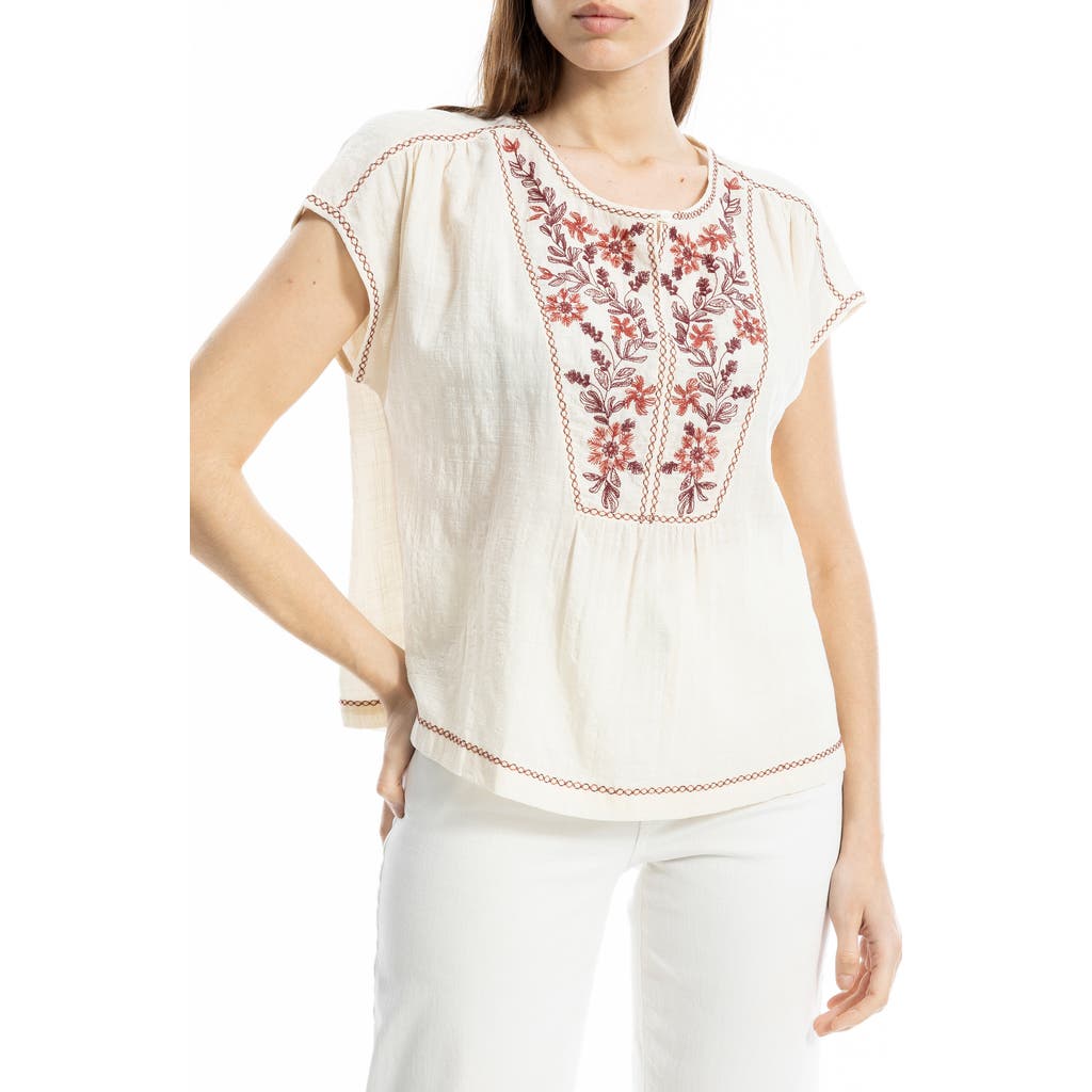 Max Studio Embroidered Short Sleeve Cotton Blend Top In Multi